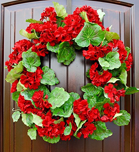 Red Geranium Wreath for Spring or Summer Front Door Decor in 21 Inch Diameter