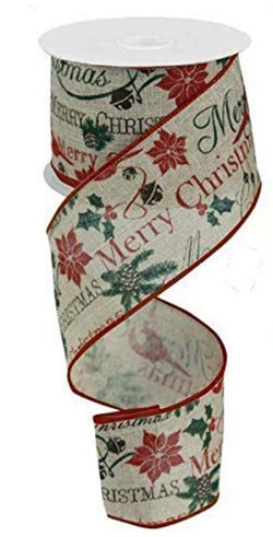 Wired Edge Christmas Ribbon with Merry Christmas, Holly, Jingle Bells, and Poinsettias-2.5" x 10yd