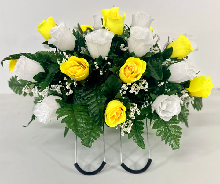 Small Yellow and White Rose with Baby's Breath Flowers Cemetery Headstone Saddle Arrangement, Sympathy Flowers