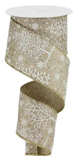 2.5"X10yd White Trees and Snowflakes on Natural-Glitter accents Wired Edge Ribbon
