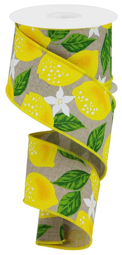 2.5" Lemon On Royal Ribbon: Natural (10 Yards) - Lemon Wired Edge Ribbon by Expressions RGA118618