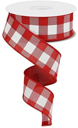 1.5"x10yd Red and White Plaid Check Ribbon--Wired Edge