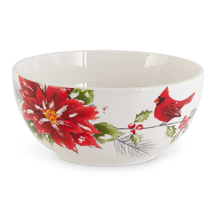 10.75 Inch White Ceramic Cardinal and Poinsettia Mixing Bowl