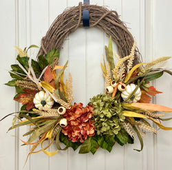 21" Diameter Fall Front Door Wreath with Cream Pumpkins, Fall Hydrangeas, Berries, Wheat, and Maple Leaves