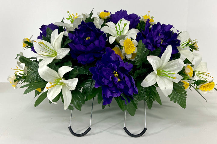 Spring, Mother's Day or Easter Cemetery Flowers for Headstone and Grave Decoration-Purple Peony, White Easter Lily and Daffodils