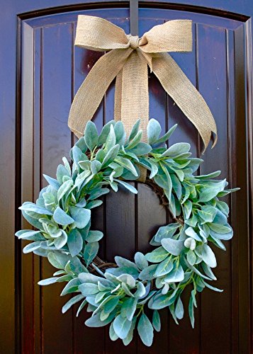 Rustic Round Front Door Wreath made of Green Lambs Ear on Grapevine Base