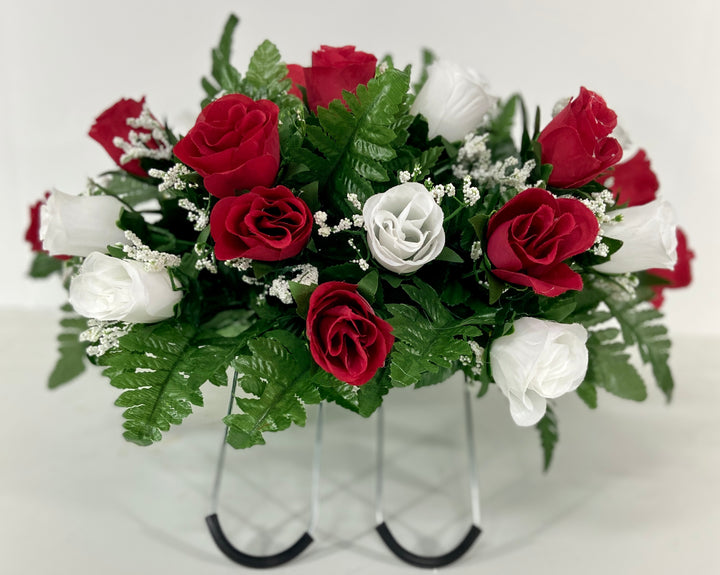 Small Cemetery Headstone Saddle Flowers in Red and White Roses for Summer, Memorial Day, Labor Day, Grave Decoration