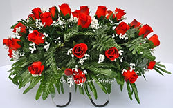 Cemetery Flowers for Grave Decoration with Red Rose Buds and Baby's Breath made into a Saddle Arrangement for Headstones