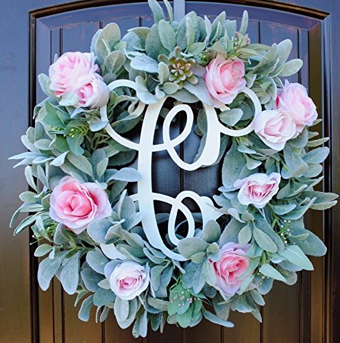Rustic Round Wreath made of Green Lambs Ear, Succulents, and Pink Roses on Grapevine with Monogram Option
