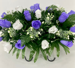 Spring Cemetery Flowers for Headstone and Grave Decoration-Lavender and White Roses, Tombstone Saddle Arrangement, Easter Mother's Day
