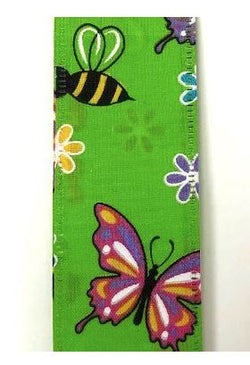 1.5" X 10yd Wired Satin Butterflies And Bees Ribbon-Green