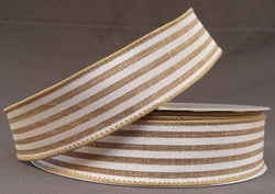 1.5" x 50yd White Stripe on Natural Wired Edge Ribbon