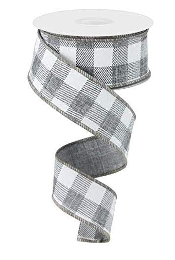 Plaid Check Wired Edge Ribbon - 10 Yards (Grey, White, 1.5 Inches)
