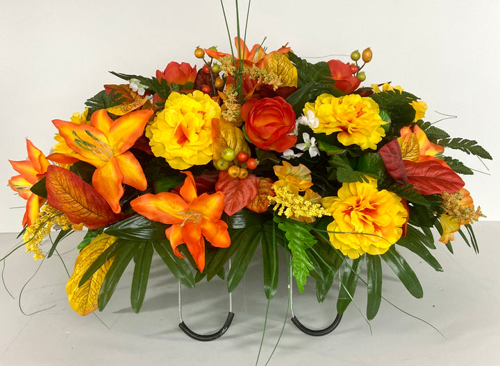 Cemetery Headstone Saddle Arrangement with Orange Lilies & Roses, Yellow Peonies, Fall leaves and Berries
