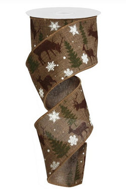 2.5"X 10 yd Christmas Deer with Trees Wired Edge Royal Ribbon