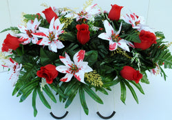Cemetery Headstone Decoration for Christmas with Peppermint Poinsettias and Red Roses as a Saddle