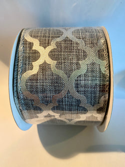 2.5"x10yd Silver Quatrefoil Pattern on Grey Wired Edge Ribbon