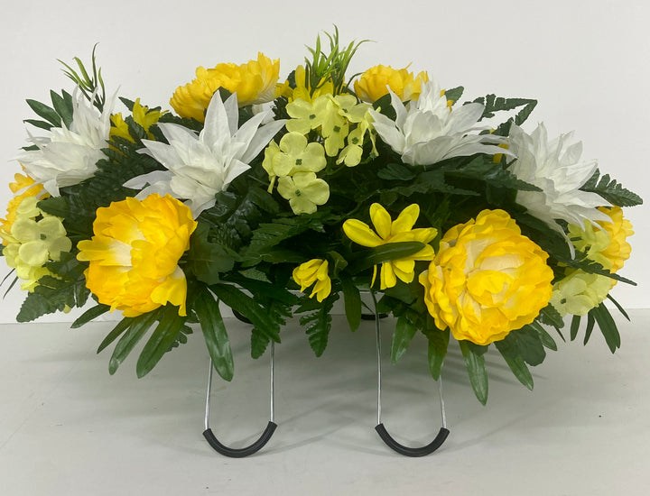 Cemetery Headstone Saddle Arrangement with Yellow Peonies, daisies & Hydrangeas, Roses, and White Lilies-Grave Decoration