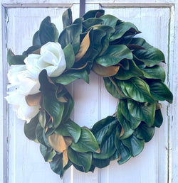 Handmade Round Faux Magnolia Front Door Wreath with 3 Blooms, Real touch leaves and flowers, Spring and Summer Door Decor