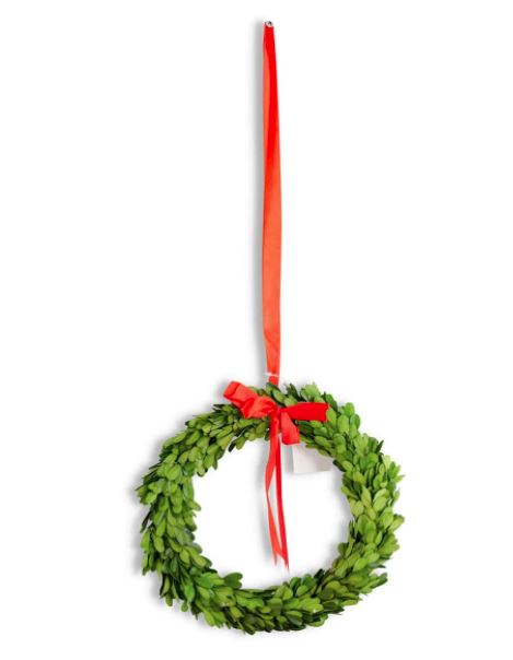 10 Inch Round Preserved Boxwood Wreath with Red Ribbon