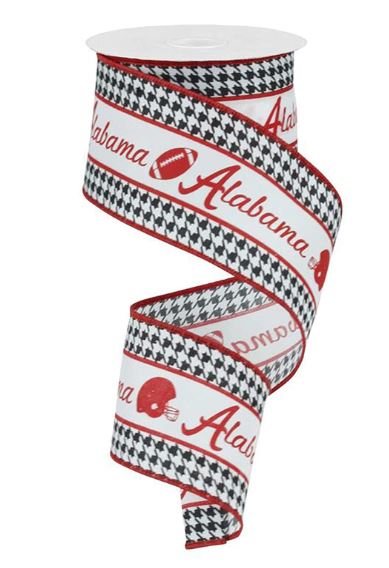 Alabama Print Houndstooth Footballs and Helmets Wired Ribbon for Wreaths Floral Arrangements Gift Wrapping Crafting Crimson Red/White/Black, 2.5 Inch x 10 Yards