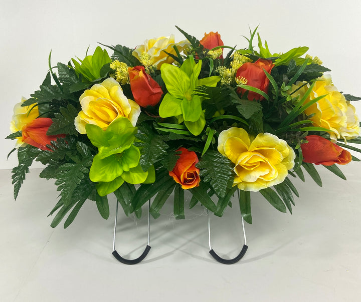 Spring Cemetery Flowers for Headstone and Grave Decoration-Orange roses mixed with Large Yellow and Green Flowers Tombstone Saddle