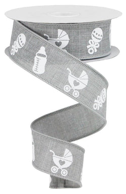 1.5"X10yd Baby Items On Royal- Grey, White Wired Edge Ribbon