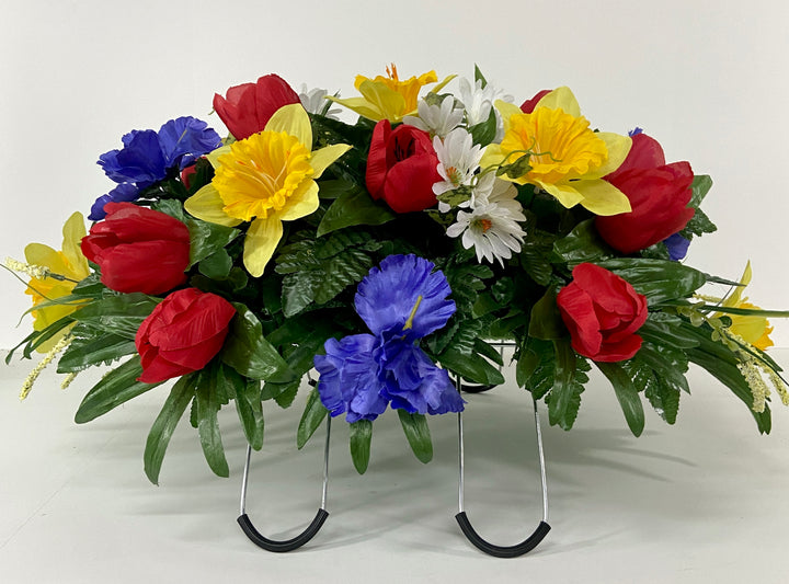 Spring Tulip Daffodil and Iris Headstone Saddle for Grave Decoration, Mother's Day, Easter, Silk Flowers for Sympathy