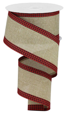 Wired Ribbon Royal Burlap Gingham Edge for Wreaths, Floral Arrangements, Gift Wrapping, Crafting (Light Beige, Red, Black, 2.5)