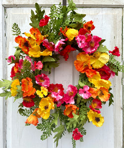 24" Summer Round Poppy Wreath for Front Door with Orange, Red, Yellow, and Pink Flowers and Green Ferns