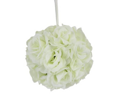 8" Artificial Rose Kissing Ball (18 Heads)-Cream Color with Cream Satin Ribbon