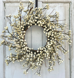 20-21" Diameter Round Full Cream Berry Wreath for Front Door, Interior Wall, or Mirror Decoration-Looks great with or without a bow