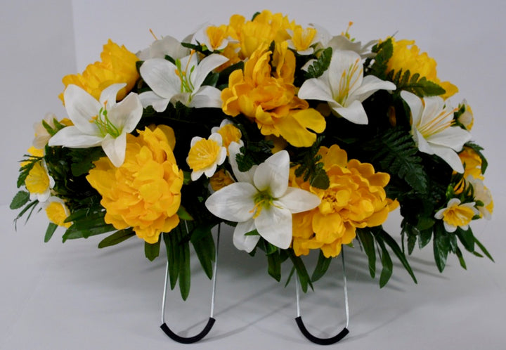 Spring or Easter Cemetery Flowers for Headstone and Grave Decoration-Yellow Peony and Lily Mix Saddle