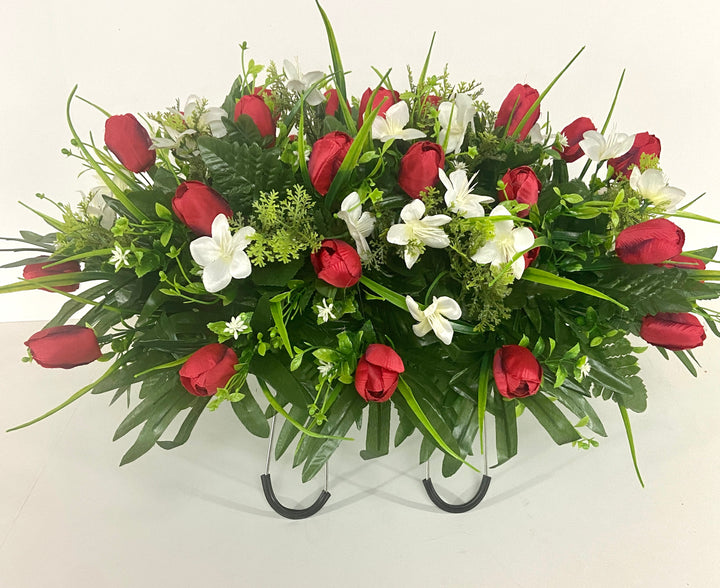 Red Mini Tulip and White Wildflower Headstone Saddle Cemetery Flower Arrangement-Tombstone Decoration for Spring and Summer