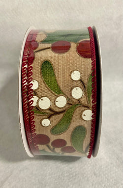 1.5" x 10 yds Holly on Natural with Red and White Berries-Wired Red Stitched Edge