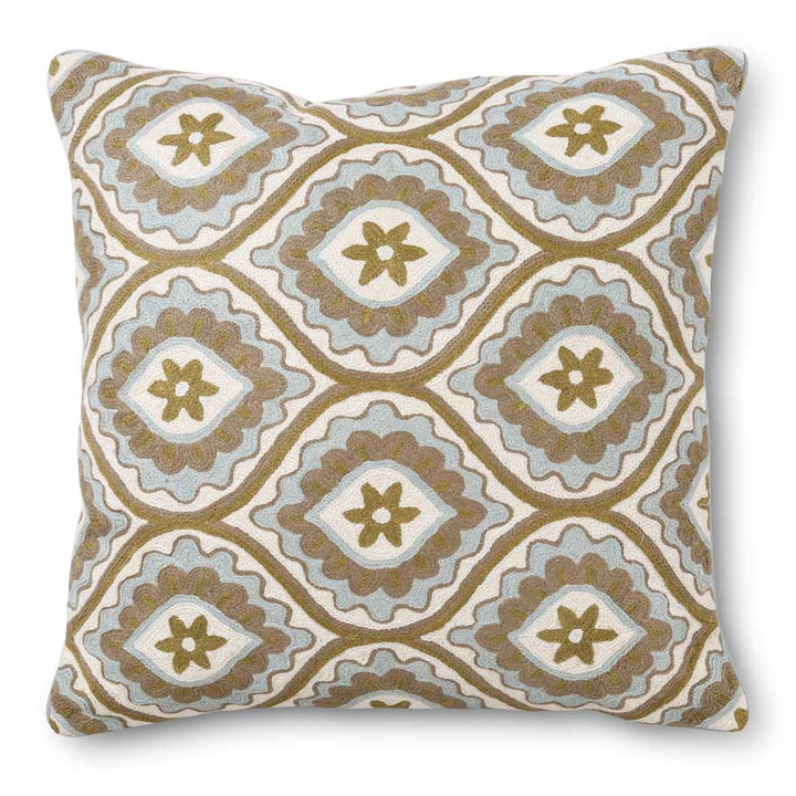 19 Inch Square Light Blue and Beige Embroidered Pillow