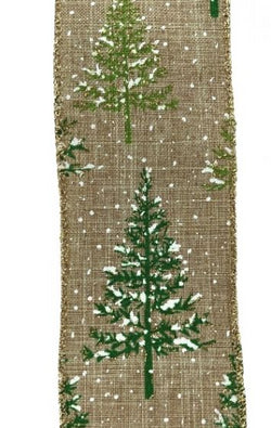 2.5" X 10yd Wired Snow Covered Tree Ribbon - Natural, Emerald, Lime, White, Gold