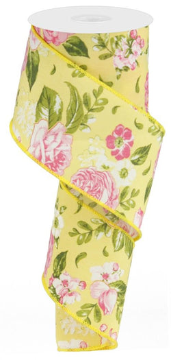 2.5" Floral Rose Ribbon: Yellow (10 Yards) Spring Easter Mother's Day Wired Ribbon