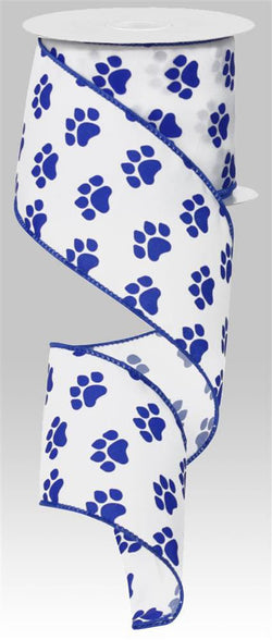 2.5" Wide Expressions Satin Paw Print Satin Wired Ribbon Blue & White (10 Yards) Blue Wired Edge
