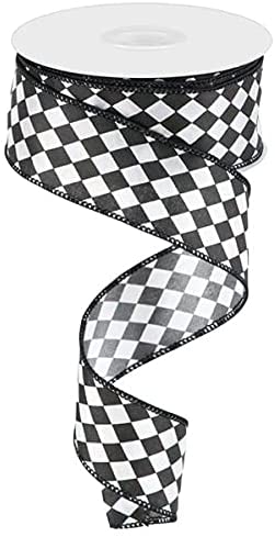Small Harlequin Wired Edge Ribbon, 10 Yards (White, Black, 1.5 Inch)