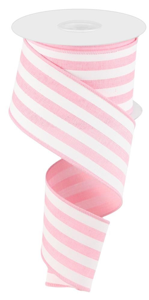 Vertical Stripe Wired Edge Ribbon - 10 Yards (Light Pink, White, 2.5 Inch)