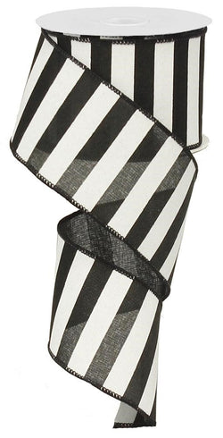 2.5"X10yd Horizontal Stripe Black and White Wired Edge Ribbon