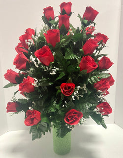 Red Roses with Baby's Breath Cemetery Vase Filler Flower Arrangement, Grave Decoration, Father's Day, Sympathy, Memorial