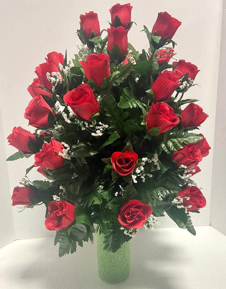 Red Roses with Baby's Breath Cemetery Vase Filler Flower Arrangement, Grave Decoration, Father's Day, Sympathy, Memorial