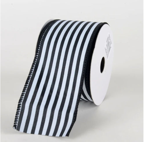 Black White - Cabana Striped Satin Ribbon 2.5