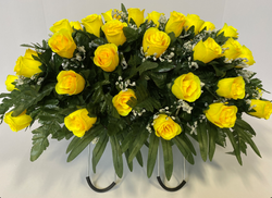 Yellow Rose with Baby's Breath Flowers Cemetery Headstone Saddle Arrangement