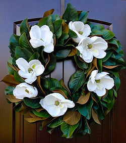Southern Magnolia Wreath with Blooms and Leaves for Front Door Rustic Look-22-24 Diameter