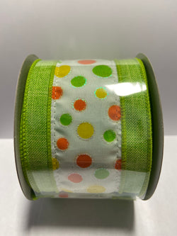 2.5"x10yd Combination Ribbon Lime Green and White with Orange, Yellow , and Green Polka Dots-Wired