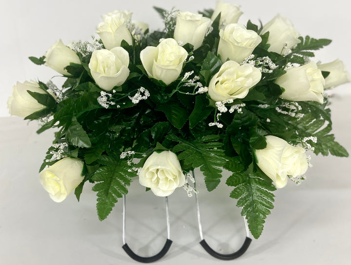Small Cream Rose Spring Cemetery Flowers for Headstone and Grave Decoration-Cream Roses with Baby's Breath Saddle