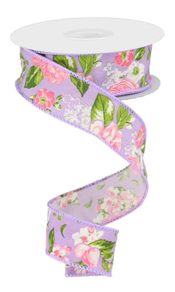1.5"X10yd Floral Print on Lavender Wired Ribbon-Pink, Green, White, Purple